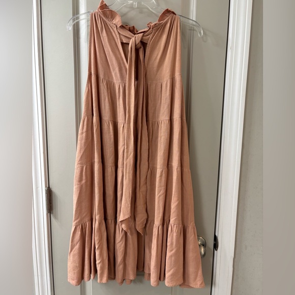 Ruffled Neck Tiered Mini Dress in Peach - Picture 2 of 4